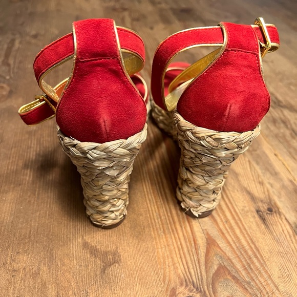 Ralph Lauren red and Gold Suede heels with macrame wedges - Picture 3 of 6